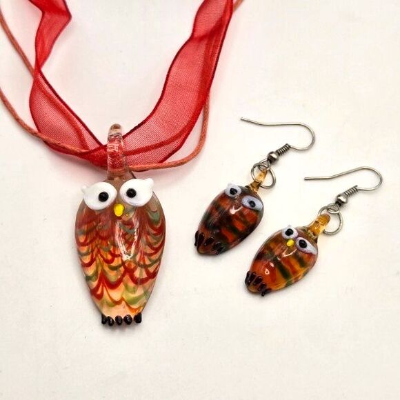 Hand Blown Art Glass Owl Set 17" Ribbon and Cord Necklace Dangle Hook Earrings - Picture 1 of 7